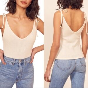 Reformation Cream Ribbed Camisole with Tie Straps